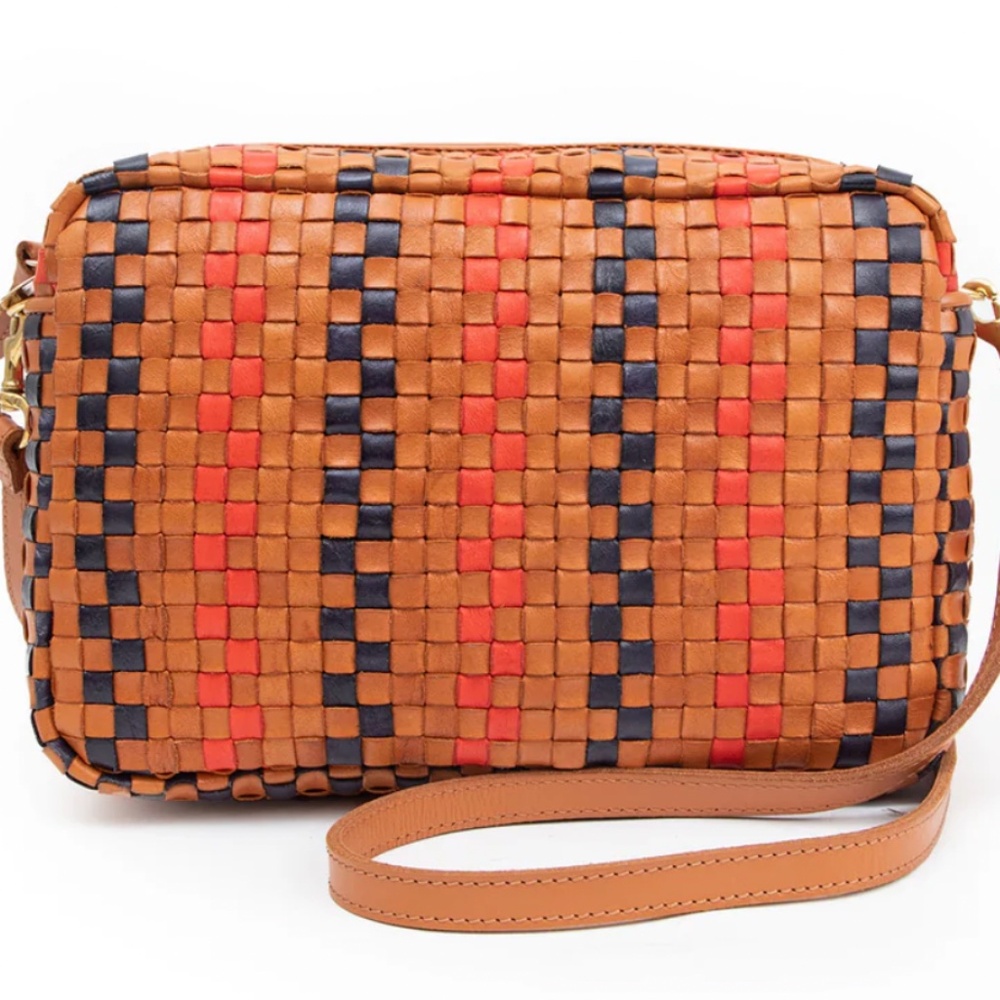 Marisol Purse in Natural w/ Navy & Cherry Red Pinstripe Woven Checker (Clare V)